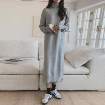 Getadme-Black Turtleneck Long Woolen Dress Women Autumn Winter Turtleneck Oversized Sweater Dresses Women Clothing Chic Knitwear